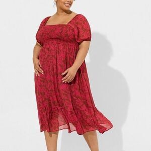 New Torrid Pink Leaf Print Tea Length Smocked A-Line Dress‎ Size 2X